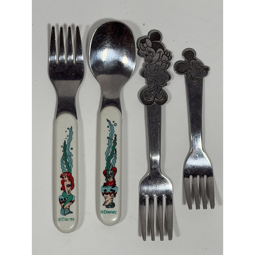 Vintage Disney Kids Utensil Bundle of Four , Mickey + Minnie & Little Mermaid